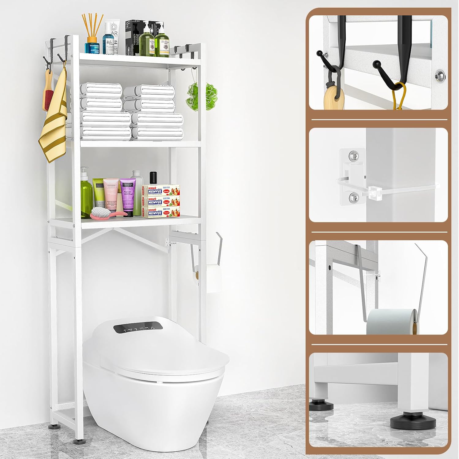 ZZL Over The Toilet Storage,3-Tier,Bathroom Toilet Organizer,Multifunctional Space Saver Freestanding Bathroom Shelves with 4 Hooks,White