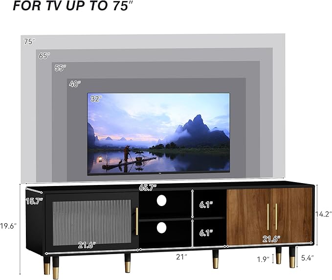 TV Stand with Glass Sliding Door, 66” Mid Century Modern TV Cabinet for TVs up to 75 inch, Entertainment Center with Storage Cabinet, Television Console for Living Room, Bedroom, Black