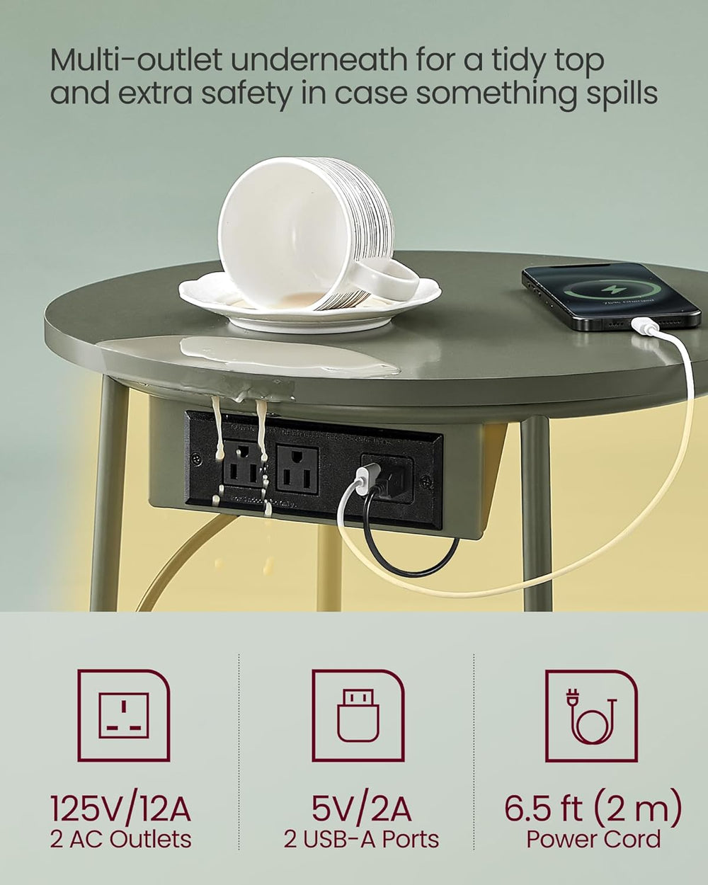 VASAGLE LILEA Collection - Side Table with Charging Station, Round End Table ...