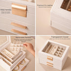 Jewelry Box Organizer with Glass Lid, 3-Layer Jewelry Storage, with 2 Drawers, Modern Style, 8 x 9.1 x 5.3 Inches (White)