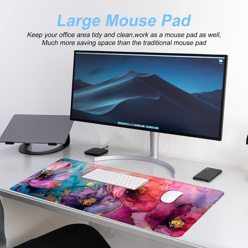 Floral Mouse Pad XXL – Large Desk Mat with Abstract Alcohol Ink Flowers in Pink, Purple & Teal, Extended Mousepad with Non-Slip Base for Office, Workstation, Gifts,31.5 x 11.8 in