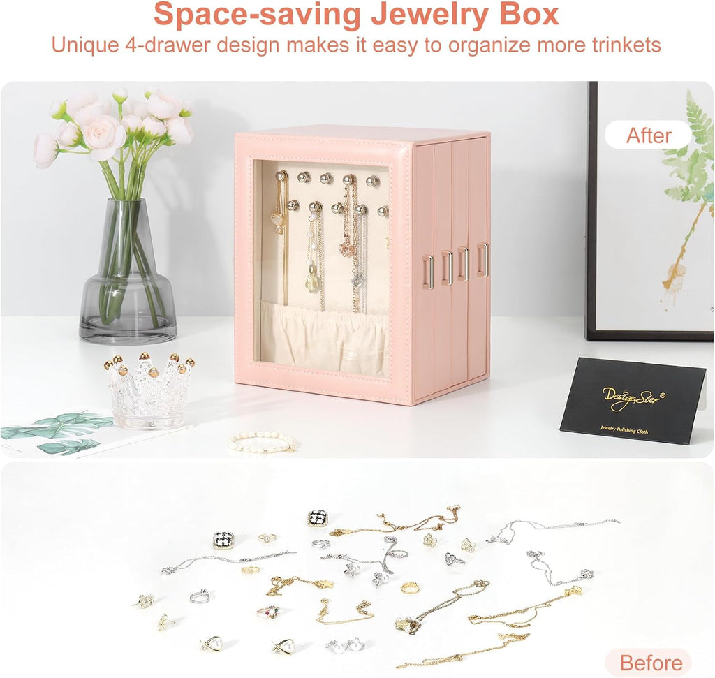 DesignSter Jewelry Box Organizer, Jewelry Box for Women, PU Jewelry Organizer Display Case with Side Drawers, Jewelry Storage for Earring Necklace Ring Bracelet Watch