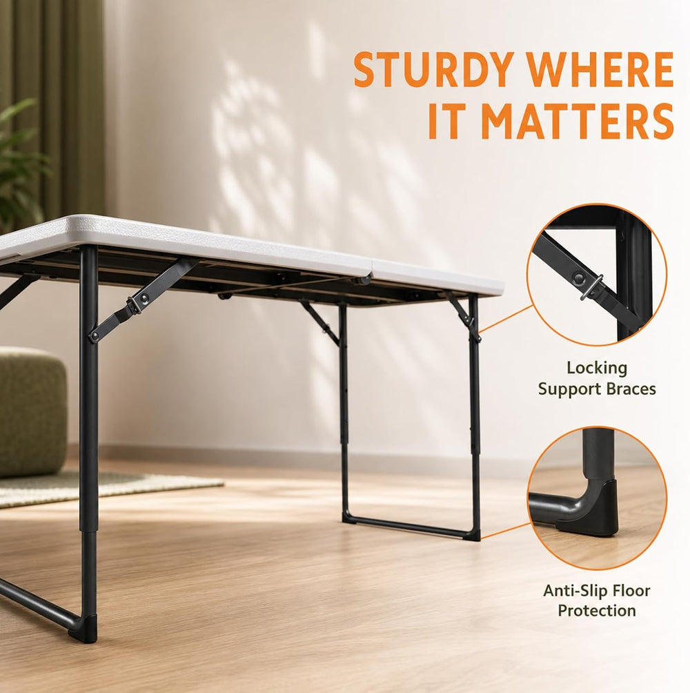 4FT Folding Table 3 Levels Adjustable Height, Heavy Duty Fold-in-Half Portabl...