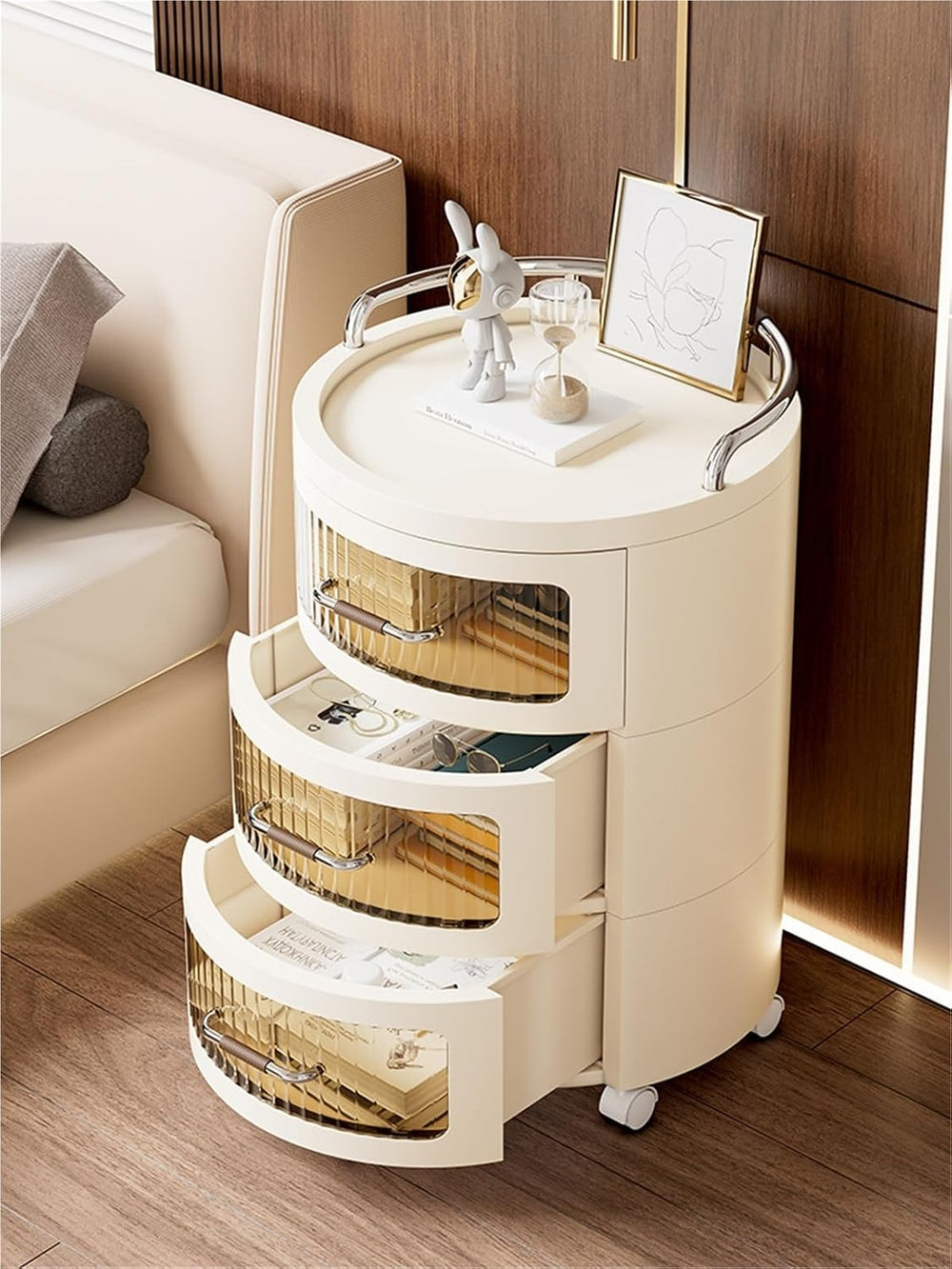 Movable Drawer Style Storage Cabinet Multifunctional Round Bedside Table with...