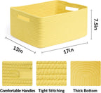 Large Storage Baskets for Shelves, Closet Organizers Bins for Clothes Blanket Towels, Baby Nursery, Toy Baskets Box, Woven Rope Baskets, 17 x 13 x 7.5”, 2 Packs Yellow