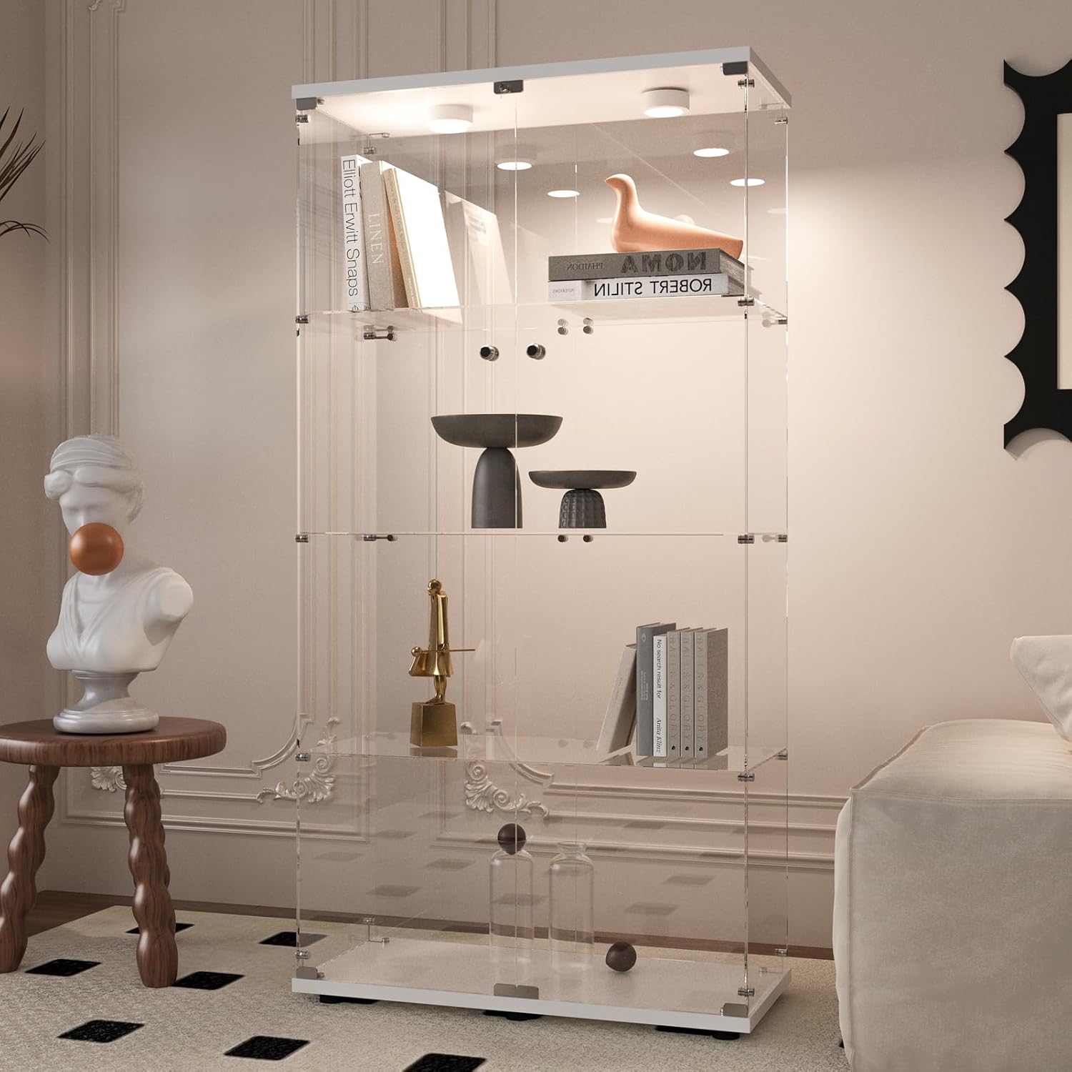 Beauty4U Glass Display Cabinet with LED Light, 4 Shelves with 2 Doors, Curio Cabinets for Living Room, Bedroom, Office, White Floor Standing Glass Bookshelf, Quick Installation