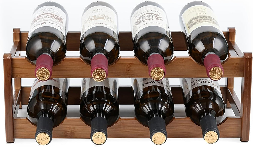Bamboo Wine Rack, Walnut Finish 2-Tier Freestanding Storage Shelf, Holds 8 Bottles, Space Saving Countertop Cabinet Organizer for Basement, Kitchen, Pantry, Dining Room, Bar