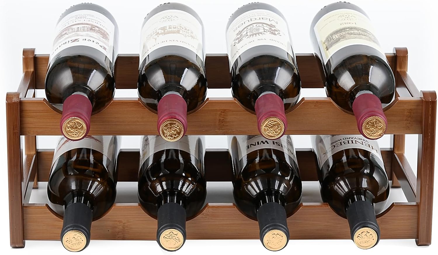 Bamboo Wine Rack, Walnut Finish 2-Tier Freestanding Storage Shelf, Holds 8 Bottles, Space Saving Countertop Cabinet Organizer for Basement, Kitchen, Pantry, Dining Room, Bar