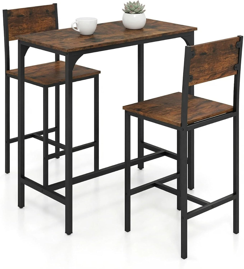 Tangkula 3 Piece Counter Height Bar Table Set, Pub Table and Chairs Set of 2, High Top Console Table with Stools for 2, Space-Saving Dinette Set for Breakfast Nook (Rustic Brown)