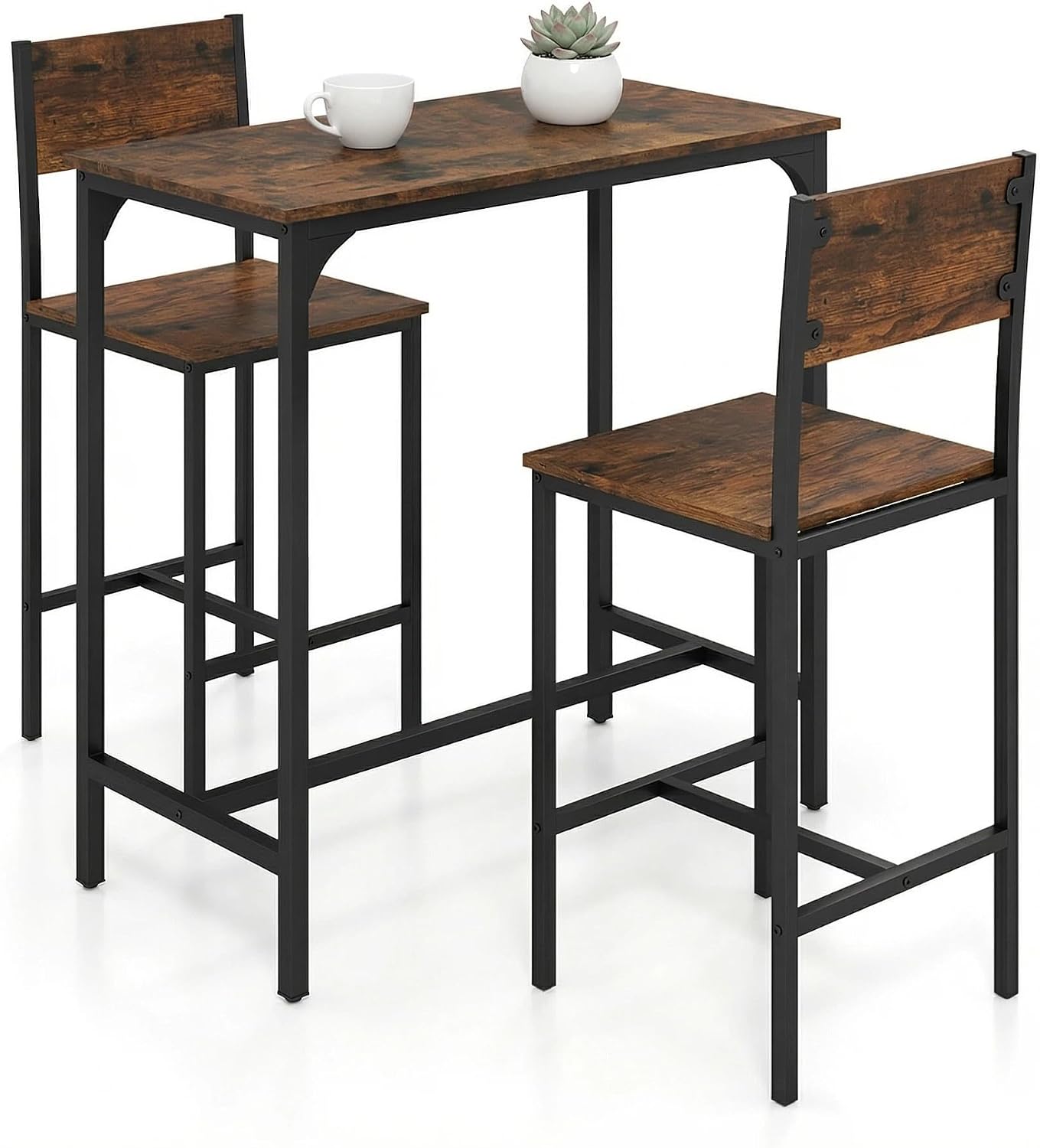 Tangkula 3 Piece Counter Height Bar Table Set, Pub Table and Chairs Set of 2, High Top Console Table with Stools for 2, Space-Saving Dinette Set for Breakfast Nook (Rustic Brown)