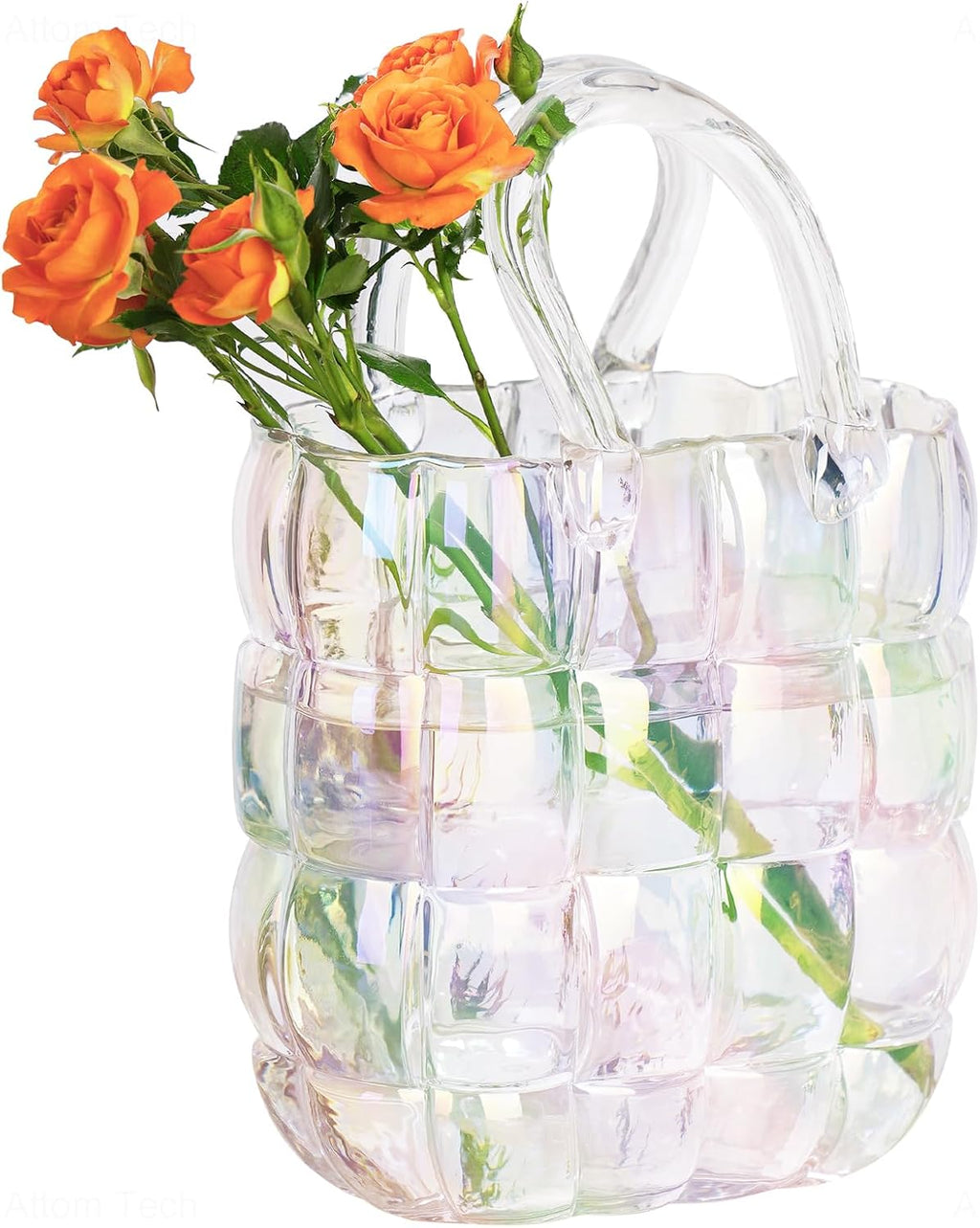 NiHome Glass Purse Vase Iridescent Glass Bag Vase with Handle Handbag Shape | Iridescent Glass Vase for Flowers Farmhouse Decor, Handmade Wide Mouth Glass Vase for Home Living Room Dining Table Décor