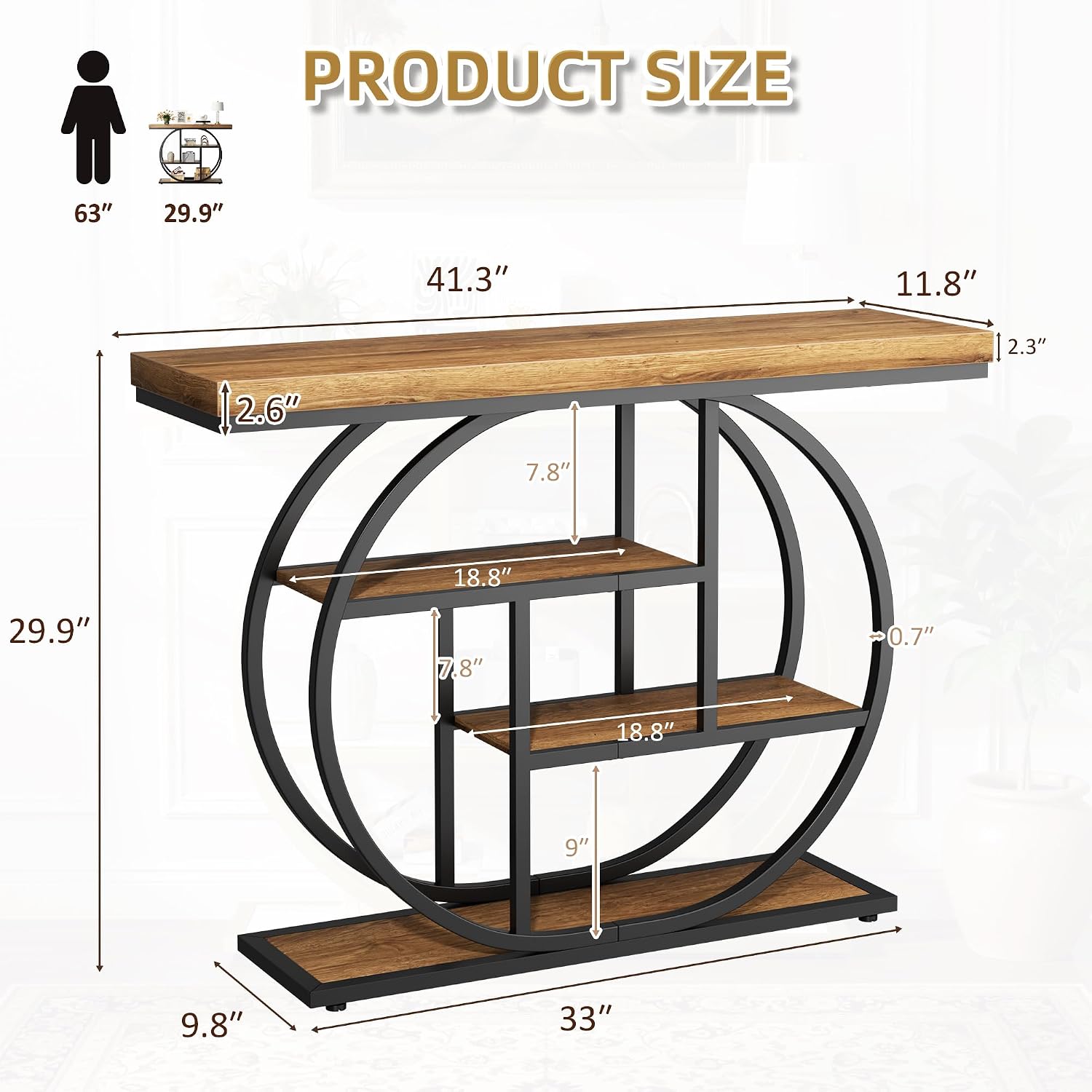 Shintenchi 41.3” Console Table with Storage, Industrial Entryway Table, 4-Tier Shelves Sofa Table Behind Couch, Narrow Wood Accent Table for Living Room, Entryway,Entrance, Hallway, Foyer,Rustic Brown