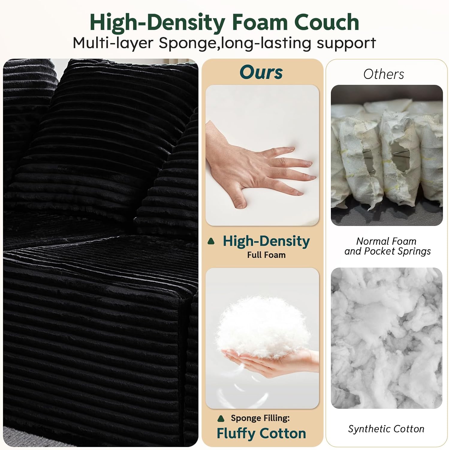 Sleeper Sofa 9 Seater Boneless Couch Modular Sectional Sofa | Cloud Couch Sectional Couches for Living Room, U Shaped Couches with Ottomans No Assembly Required, Black