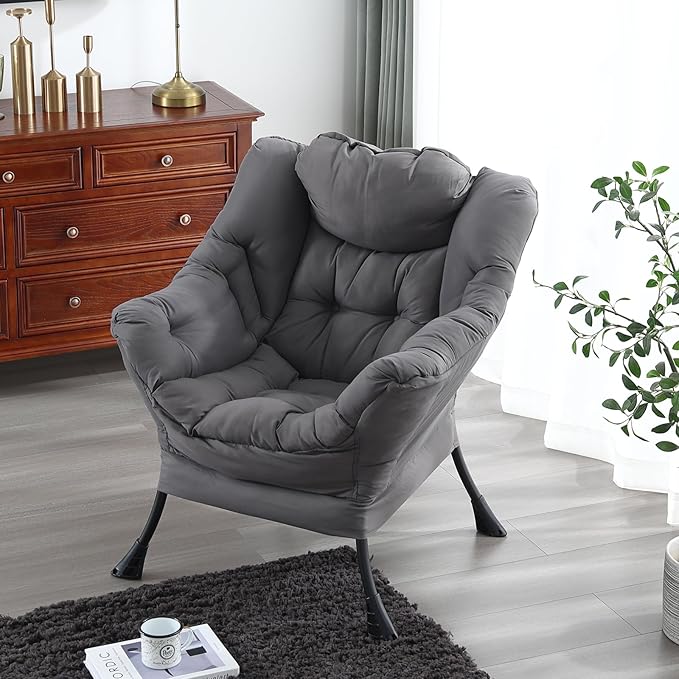 Welnow Lazy Chair for Living Room, Modern Reading Lounge Accent Chair with Armrests and a Side Pocket, Leisure Upholstered Lazy Sofa for Small Space, Bedroom, Dorm, Dark Grey