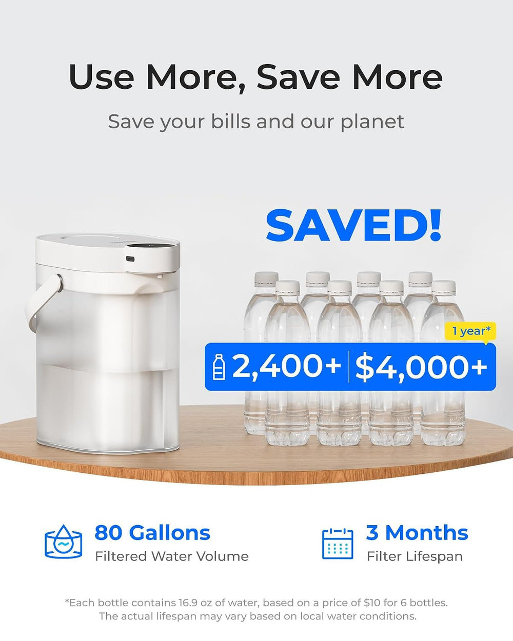 Waterdrop ED11W Rechargeable Instant Water Filter Dispenser, 15-Cup, White
