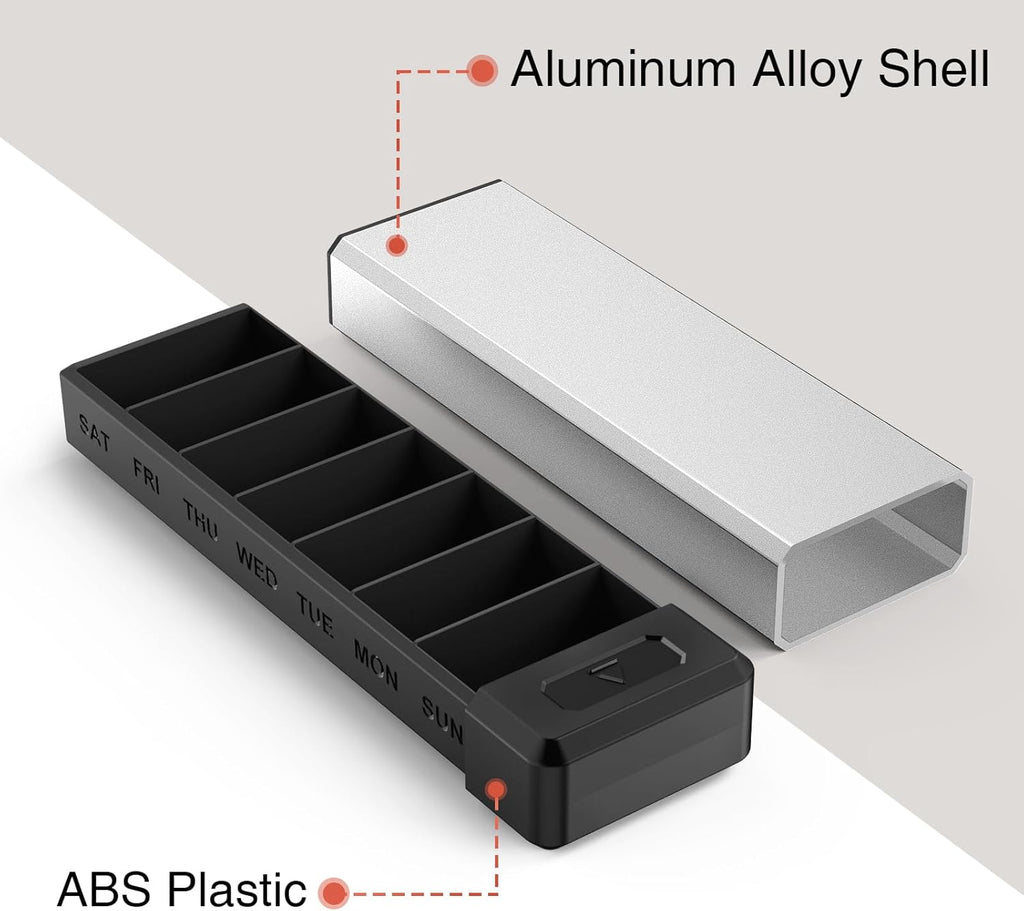 HEIYING Pill Organizer with Aluminum Shell for One Week Capacity, Portable 7 Compartments Pill Box Container to Hold Vitamin, Medicine, Supplements