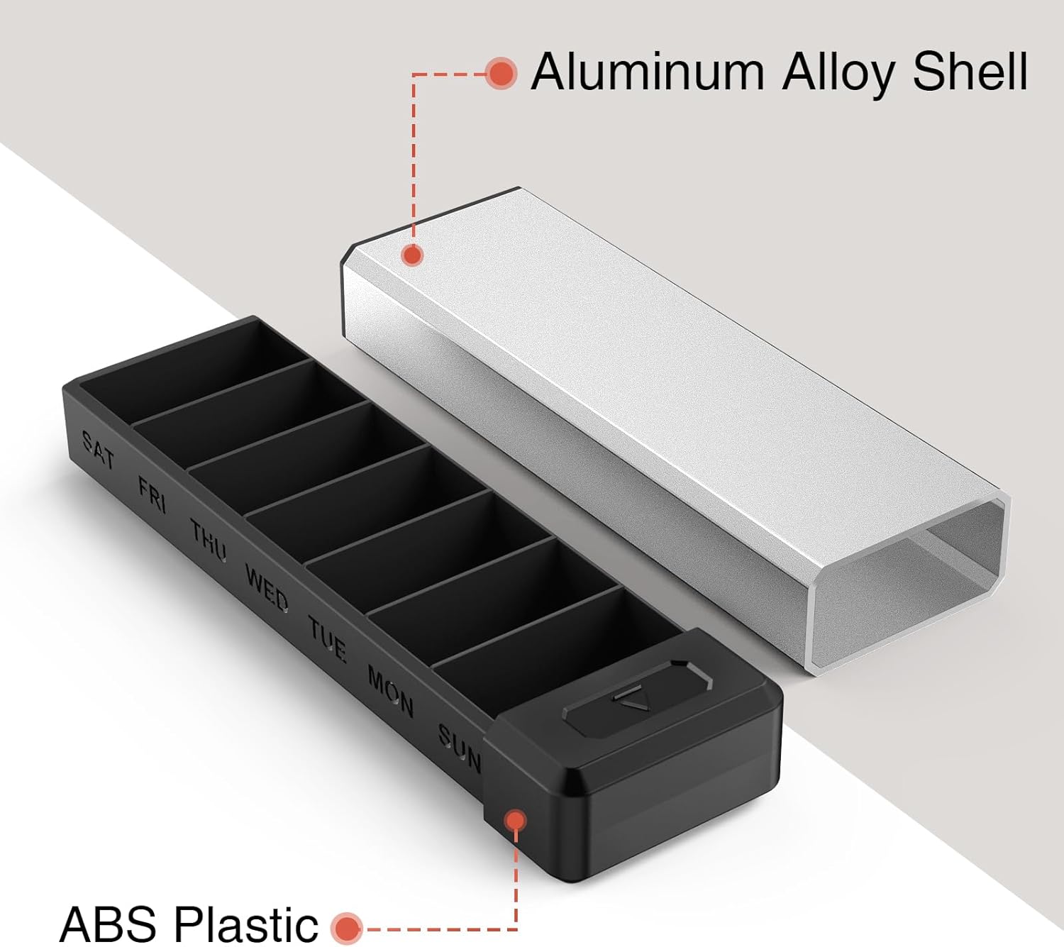 HEIYING Pill Organizer with Aluminum Shell for One Week Capacity, Portable 7 Compartments Pill Box Container to Hold Vitamin, Medicine, Supplements