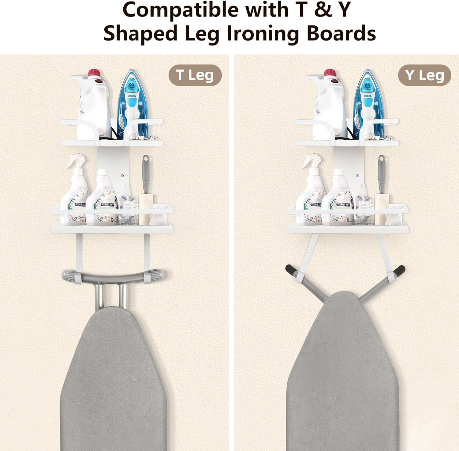 VINAEMO Ironing Board Hanger Wall Mount, 2-Layer Iron and Ironing Board Holder, Laundry Room Shelves Solid Wood with Removable Hooks Home Organization and Storage (White)
