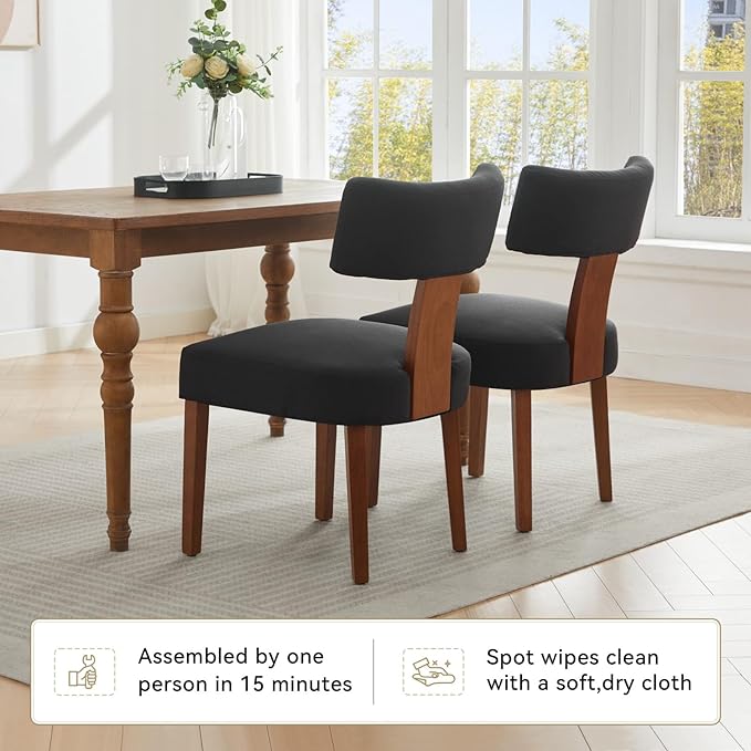 Dining Chairs Set of 6 Upholstered Dining Chairs, Mid Century Modern Kitchen Chairs with Solid Wood Legs and Ergonomic Curved Backrest, Black Linen Fabric (Black, Set of 6)