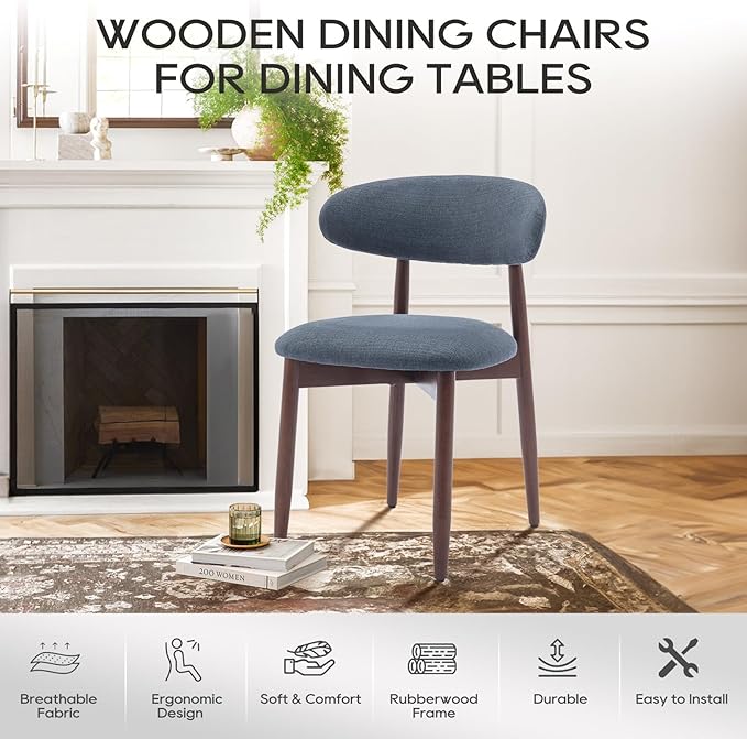 COLAMY Wooden Dining Room Chairs Set of 6, Modern Upholstered Fabric Dining Chairs, Farmhouse Kitchen Side Chair with Foot Pegs, Blue
