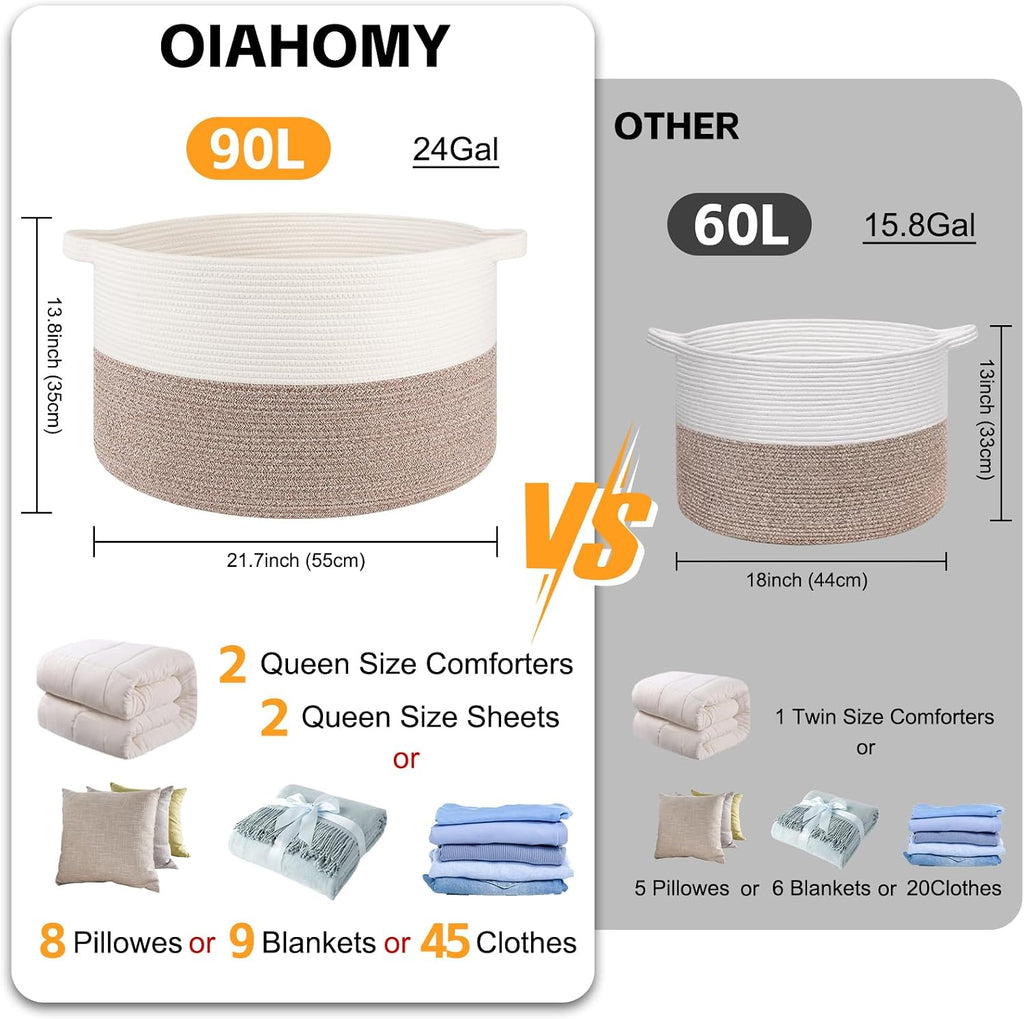 OIAHOMY 90L XXXLarge Blanket Basket for Living Room, 21.7" x 13.8" Woven Cotton Rope Laundry Basket for Organizing Pillows, Decorative Stuffed Animal Toy Storage for Nursery, White and Linen Brown