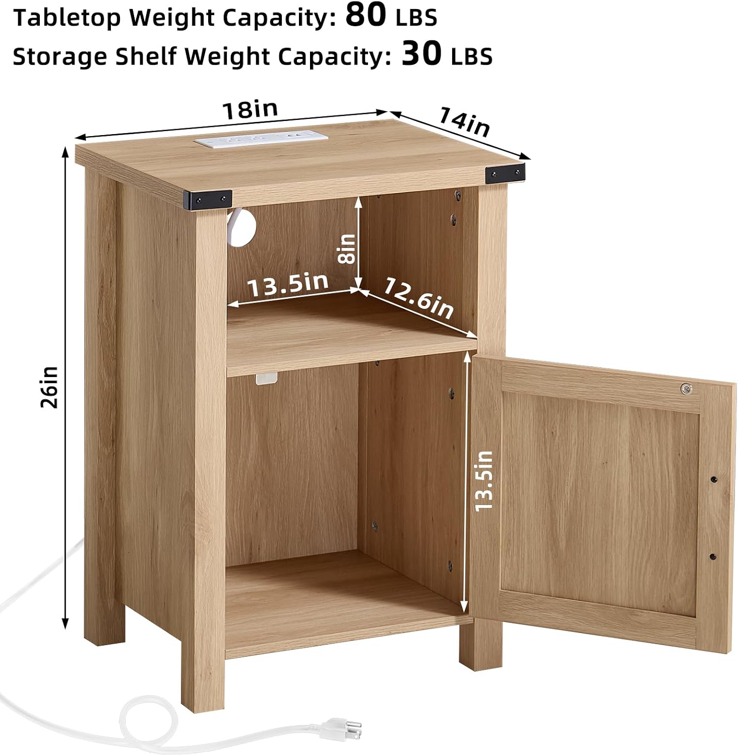 Joaxswe 18-Inch Nightstand with Charging Station and Fluted Door,Natural | 18-inch bedside table with AC and USB charging, open storage and a magnetic fluted door for bedroom essentials