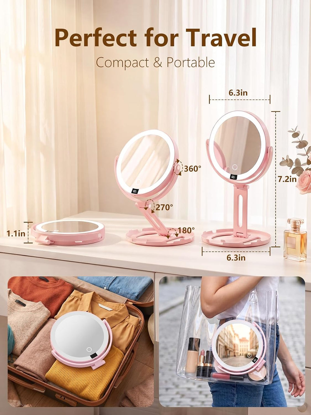 Gospire Foldable Travel Makeup Mirror with Lights, 1X/20X Magnification