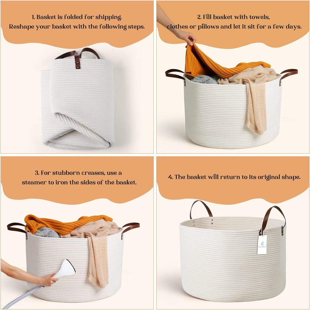 Luxury Little Extra Large Nursery Storage Basket, 22 x 22 x 14 inches - 100% Cotton Rope Baskets with Handles, Laundry Basket for Toys, Blankets & Pillows - Off White with Leather Handles