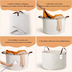 Luxury Little Extra Large Nursery Storage Basket, 22 x 22 x 14 inches - 100% Cotton Rope Baskets with Handles, Laundry Basket for Toys, Blankets & Pillows - Off White with Leather Handles