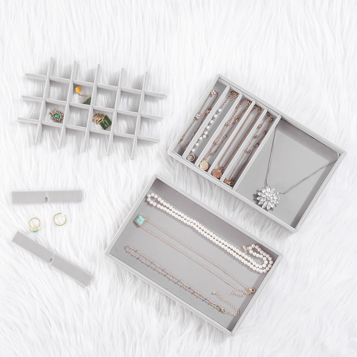 ProCase Stackable Jewelry Organizer Trays for Drawers, Jewelry Drawer Inserts Container Display Case Storage for Earring Necklace Rings Bracelet with Removable Dividers -Grey, 6 Layers