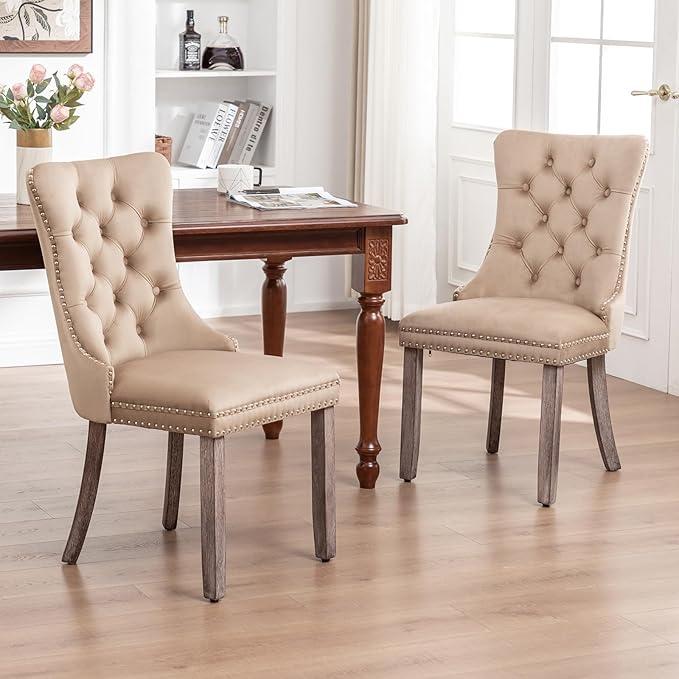 Velvet Dining Chairs Set of 6, Upholstered Dining Room Chairs with Nailhead Ring Pull Trim, Button Tufted Wing Back Chairs for Dining with Solid Wood Legs for Kitchen Dining Room(Khaki)