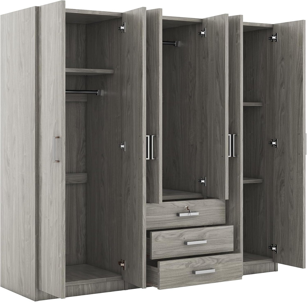 SOFTSEA 6 Doors Armoire Wardrobe Closet with Drawers, 70.9" Large Armoire Wardrobe Cabinet with Storage Shelves and 3 Hanging Rods, Bedroom Clothes Cabinet Organizer (Grey)