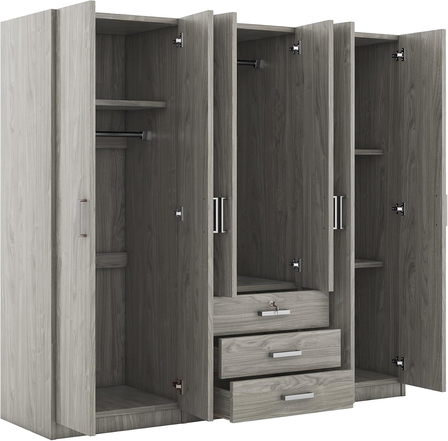 SOFTSEA 6 Doors Armoire Wardrobe Closet with Drawers, 70.9" Large Armoire Wardrobe Cabinet with Storage Shelves and 3 Hanging Rods, Bedroom Clothes Cabinet Organizer (Grey)