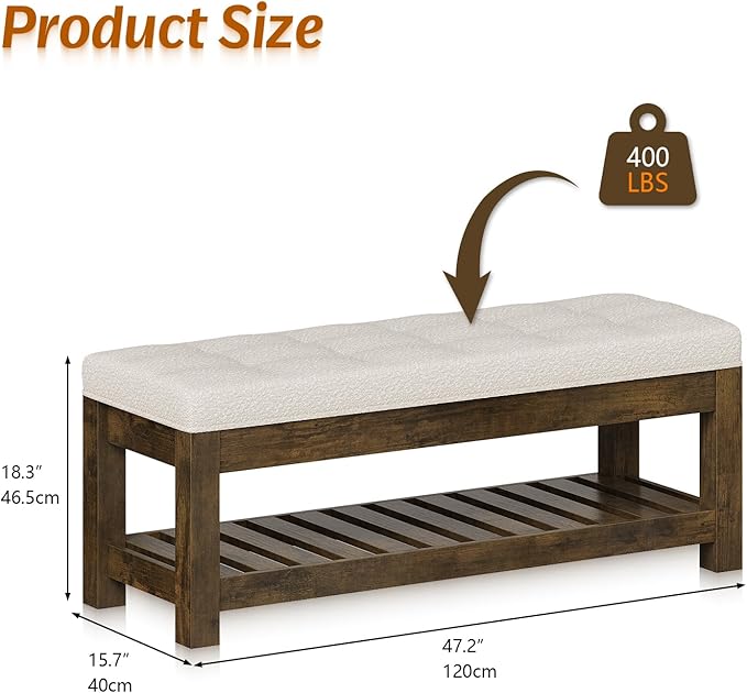 Large Upholstered Ottoman Bench Entryway Storage Benches Tufted Linen Ottoman Bench with Solid Wood Shelf Padded End of Bed Bench for Bedroom Living Room Hallway Decor