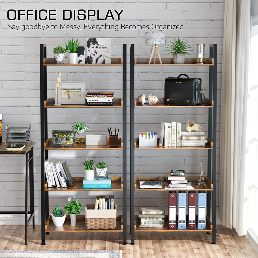 ASTARTH 5-Tier Ladder Shelf, 67 Inch Tall Open Floor Standing Bookshelf | Wooden Display Shelves with Metal Frame, for Living Room, Home Office, Rustic Brown