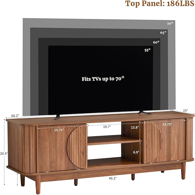 Turtle&Myrtle Mid Century Modern TV Stand 60”, Wood TV Console with Storage for TVs Up to 70 inches, Fluted Sliding Doors, Entertainment Center Media Cabinet for Living Room & Bedroom (Walnut Brown)