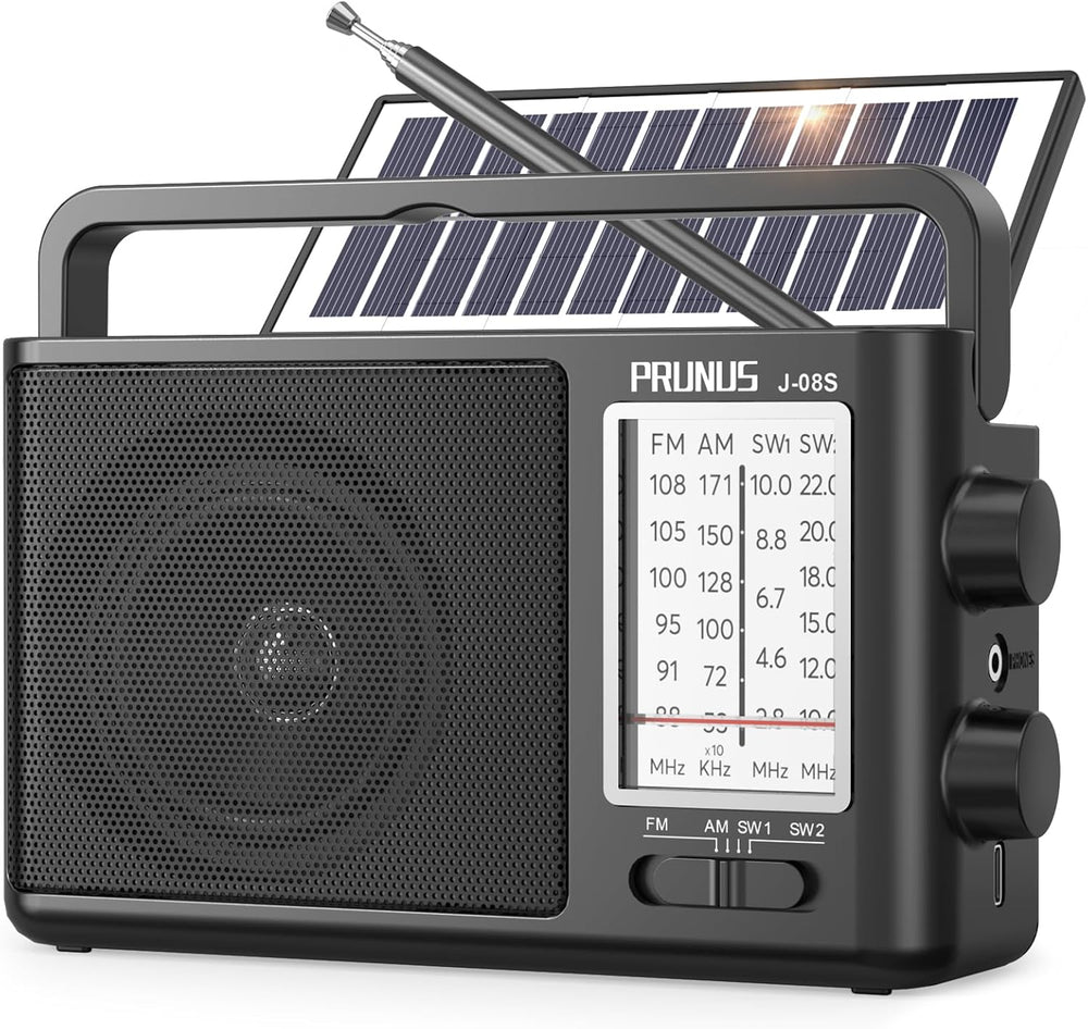 PRUNUS J08 Portable Radio AM FM with Solar, Battery and USB Charging