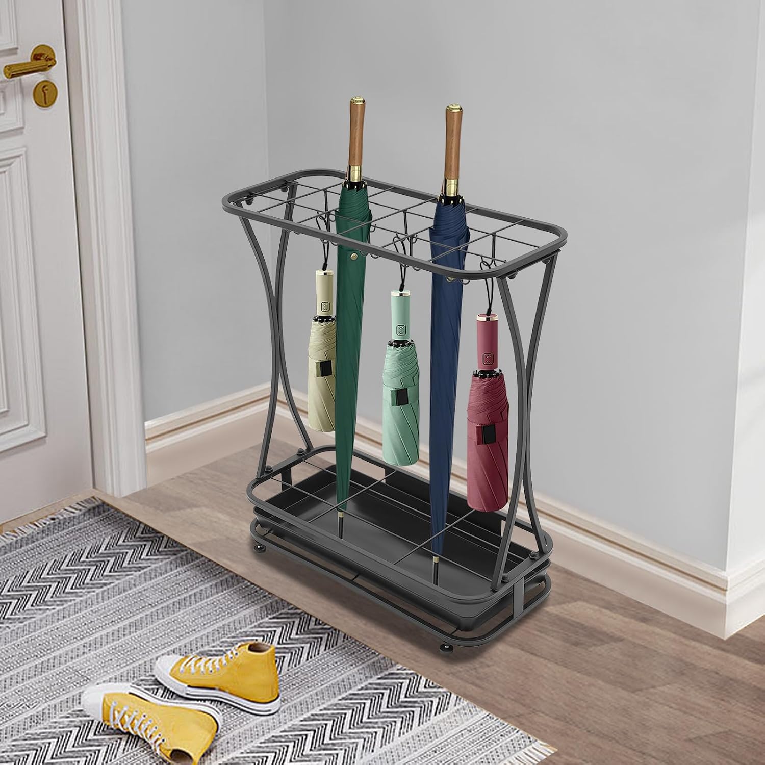 Industrial Metal Umbrella Holder Stand with 18 Slots & 20 Hooks, Free Standing Entryway Organizer with Removable Drip Tray Heavy-Duty Rust-Proof Design for Home, Office, Hotel, Patio Decor
