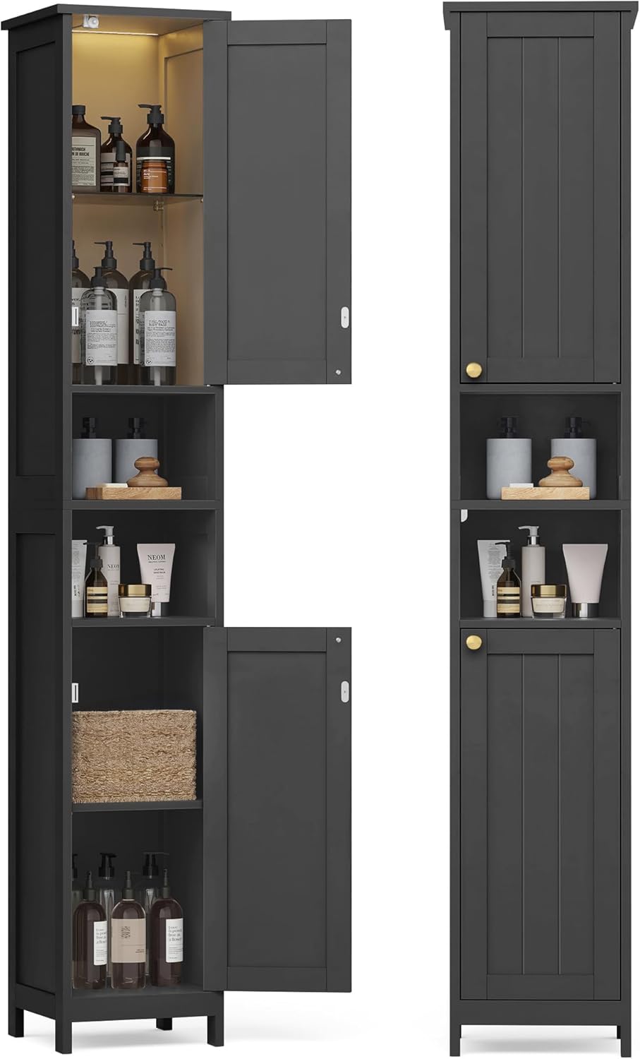 VASAGLE Tall Storage Cabinet with Lights, Slim Freestanding Cabinet with Adju...