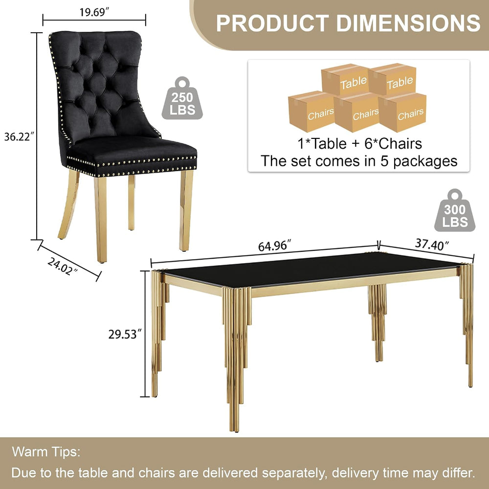 7 Piece Glass Dining Table Set for 6, 65" Rectangle Kitchen Table with 6...