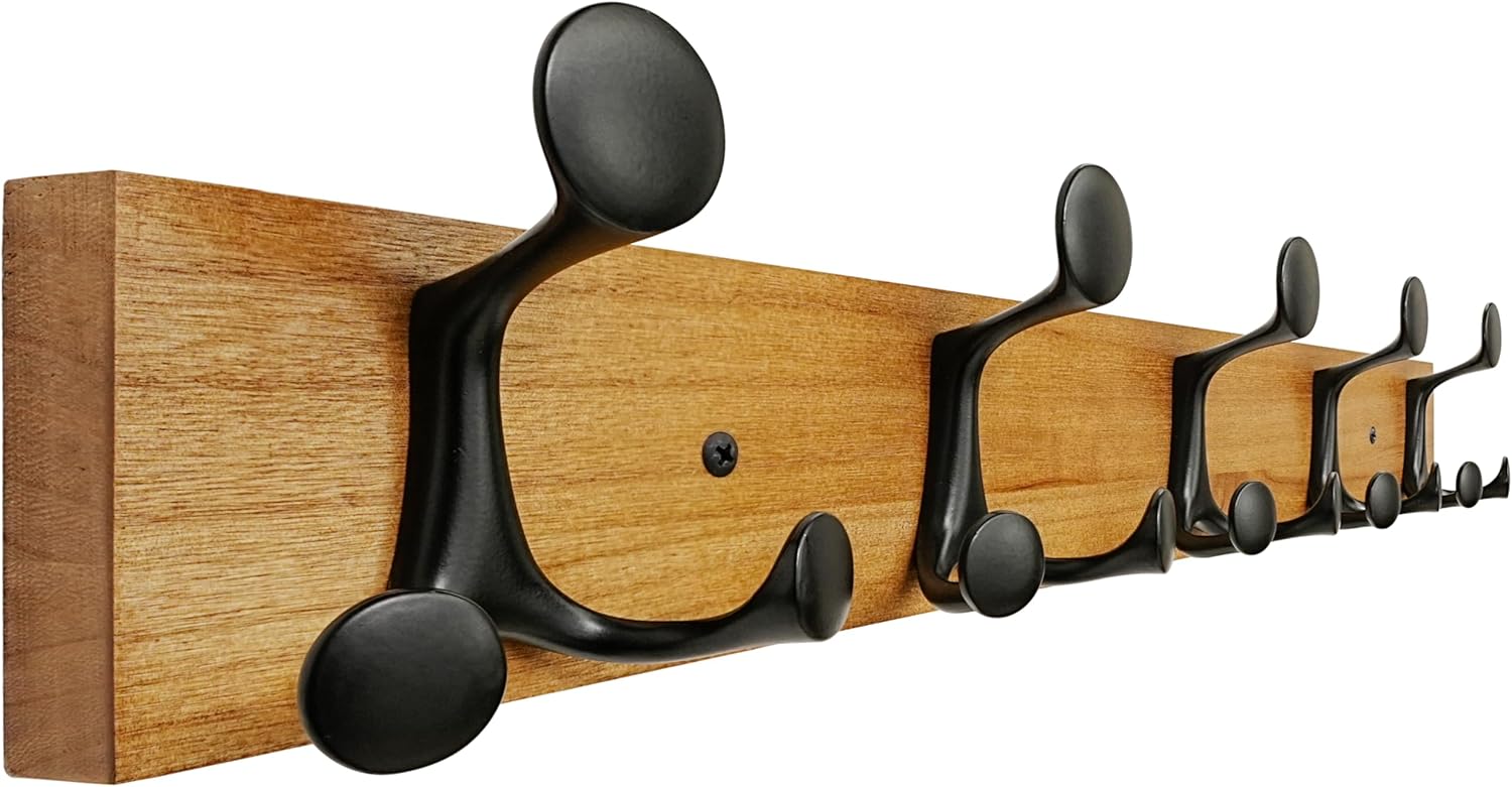 SKOLOO 24-Inch Light Brown Wood Coat Rack Wall Mount with 5 Triple Hooks - Ideal for Family Entrances, Classrooms, and Pet Supplies Storage - Perfect Coat Hooks for Wall