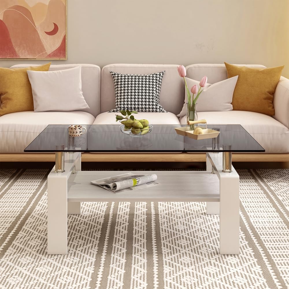 Rectangle Coffee Table, Tempered Glass Tabletop with MDF Layer, Modern Table ...