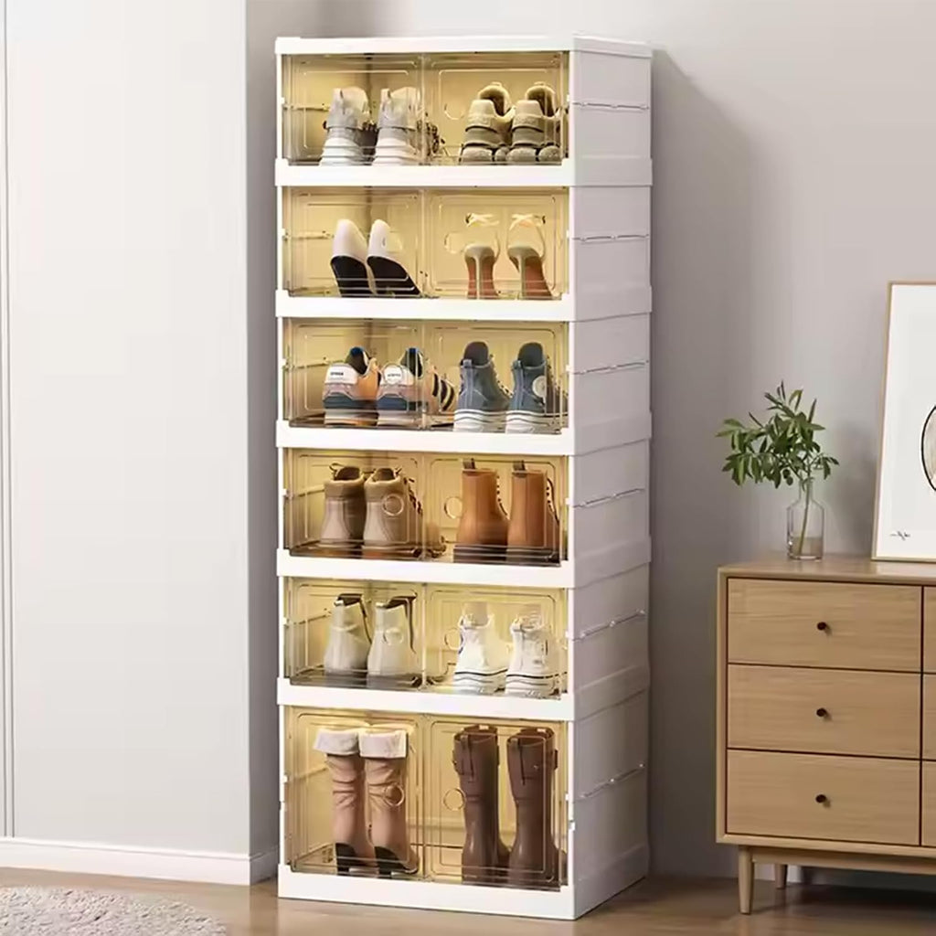 6 Tier Easy Assembly Collapsible Shoe Cabinet Foldable Shoe Organizer Stackable Shoe Storage Box with Clear Door for Front Door Entrance 12Pairs