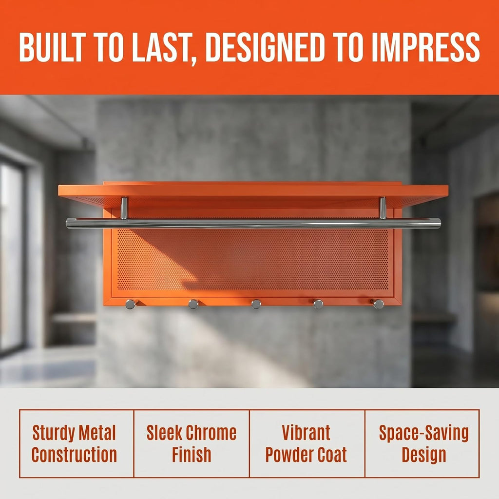Wall Mounted Coat Rack with Shelf & Hooks, 29.5" Entryway Organizer | Metal Powder Coated, 5 Hooks & Chrome Accents, Space-Saving & Easy to Install, Ideal for Hallway, Mudroom, Orange