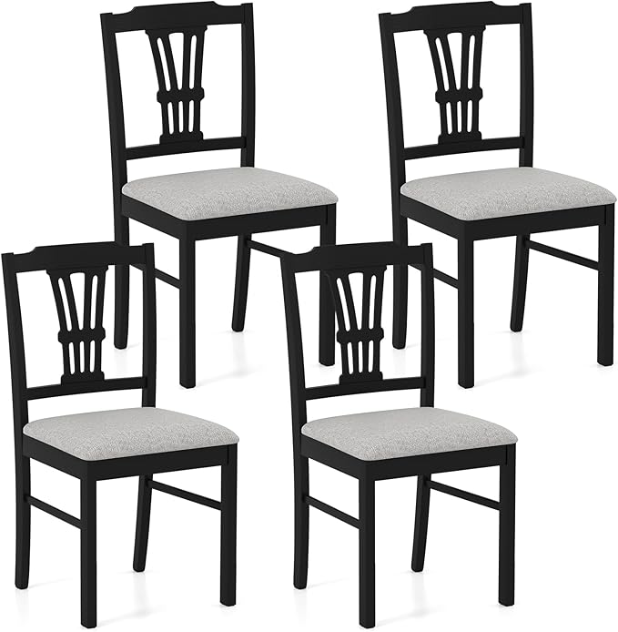 Giantex Wooden Dining Chairs Set of 4, Upholstered Kitchen Chairs with Solid Rubber Wood Frame, Hollowed Backrest & Soft Padded Seat, Armless Dining Chairs for Kitchen, Dining Room, Black & Gray