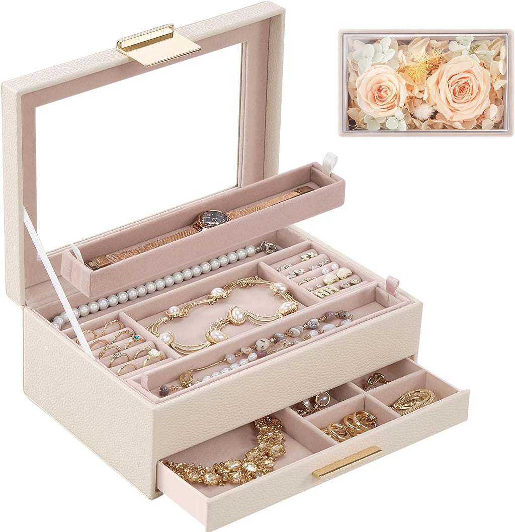 Lolalet Jewelry Organizer with Glass Lid, 2-Layer Jewelry Box Case with Drawer, Earrings Watch Ring Display Storage -Beige