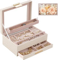 Lolalet Jewelry Organizer with Glass Lid, 2-Layer Jewelry Box Case with Drawer, Earrings Watch Ring Display Storage -Beige