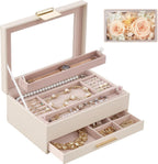 Lolalet Jewelry Organizer with Glass Lid, 2-Layer Jewelry Box Case with Drawer, Earrings Watch Ring Display Storage -Beige
