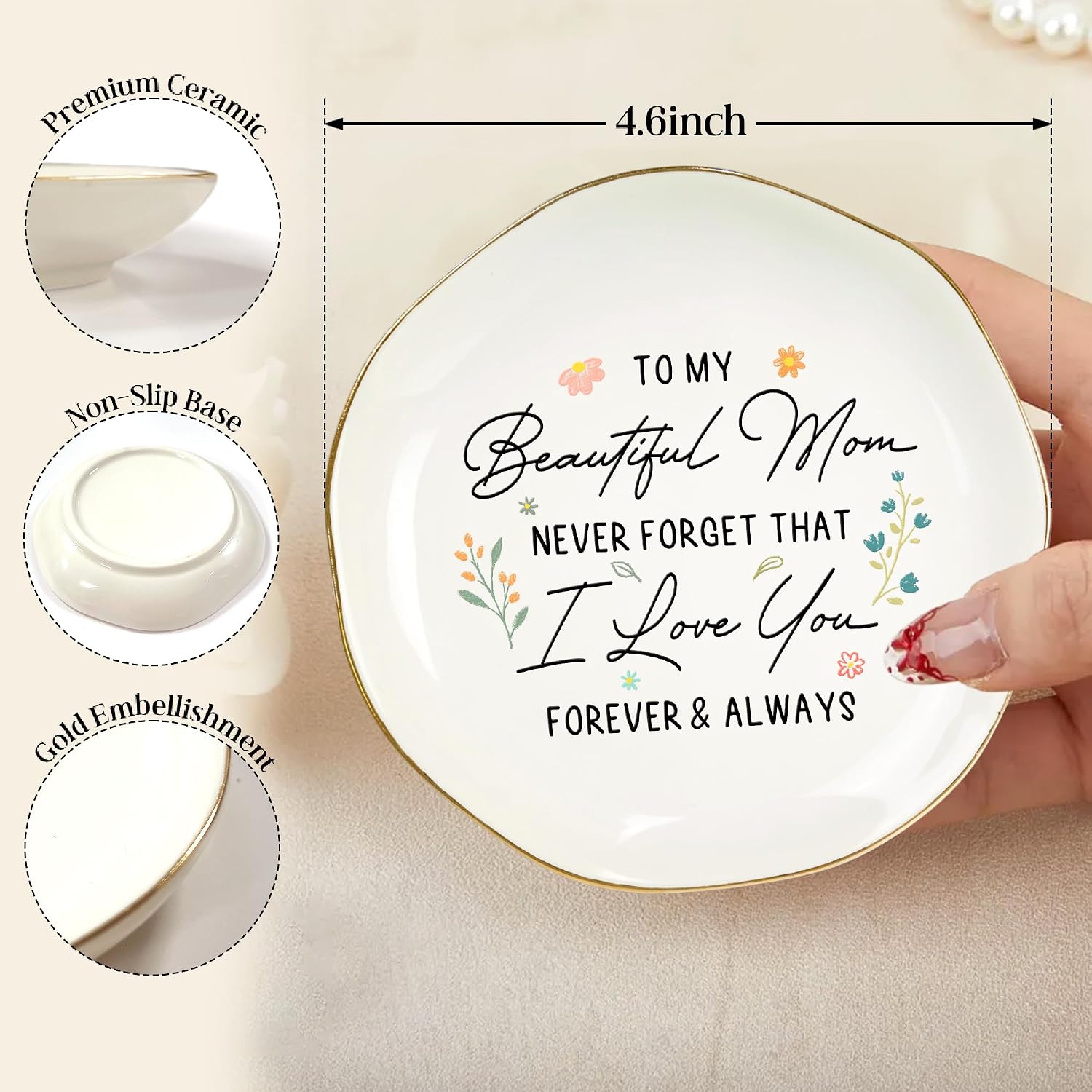 Beautiful Mom Forever Always Ceramic Ring Dish | Mother's Day • Mom • Floral Keepsake • Jewelry Organizer • Elegant Bedroom Decor