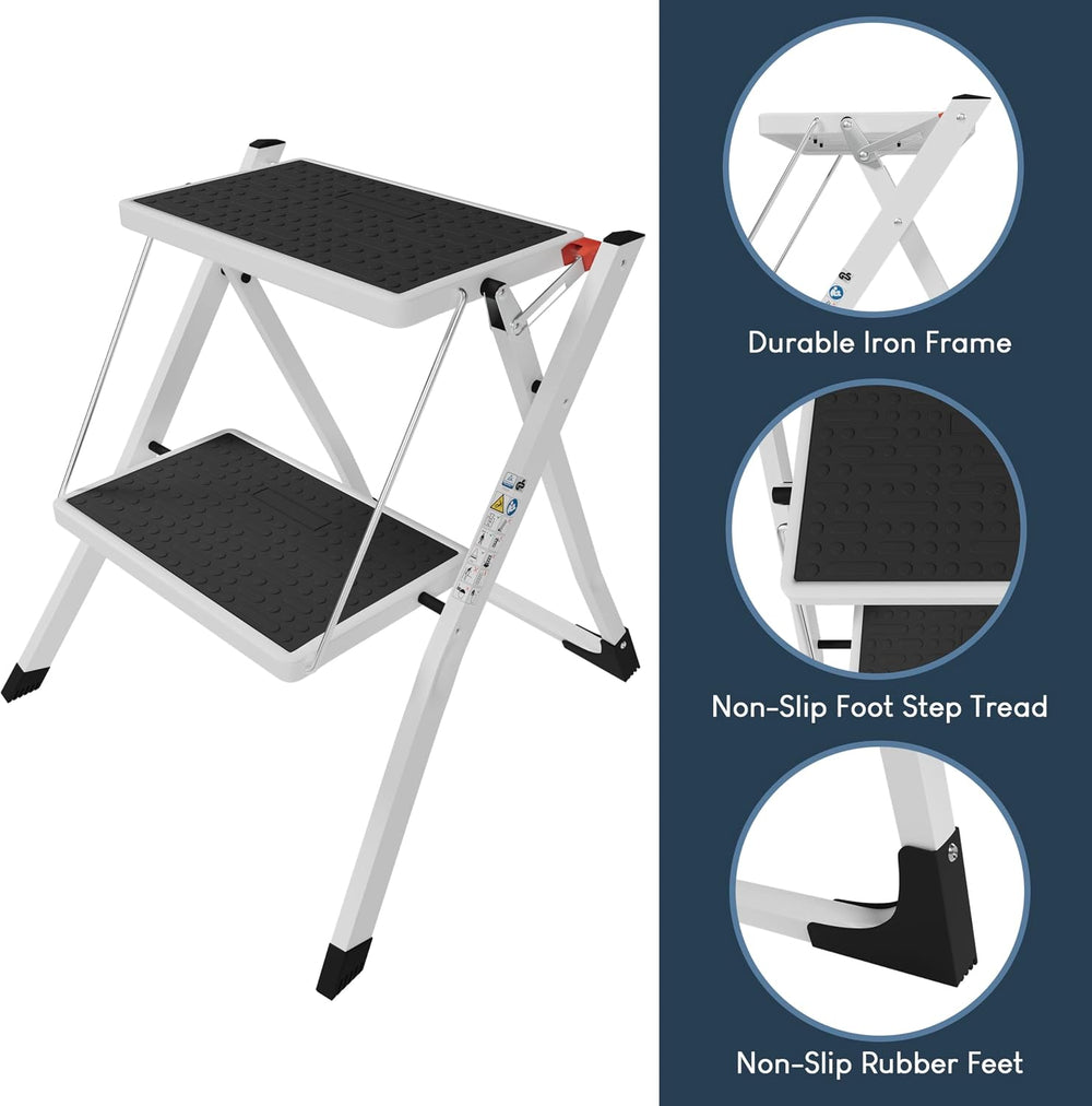 Home Vida 2 Step Ladder Compact, Heavy Duty Steel, Portable Folding, Anti-Sli...